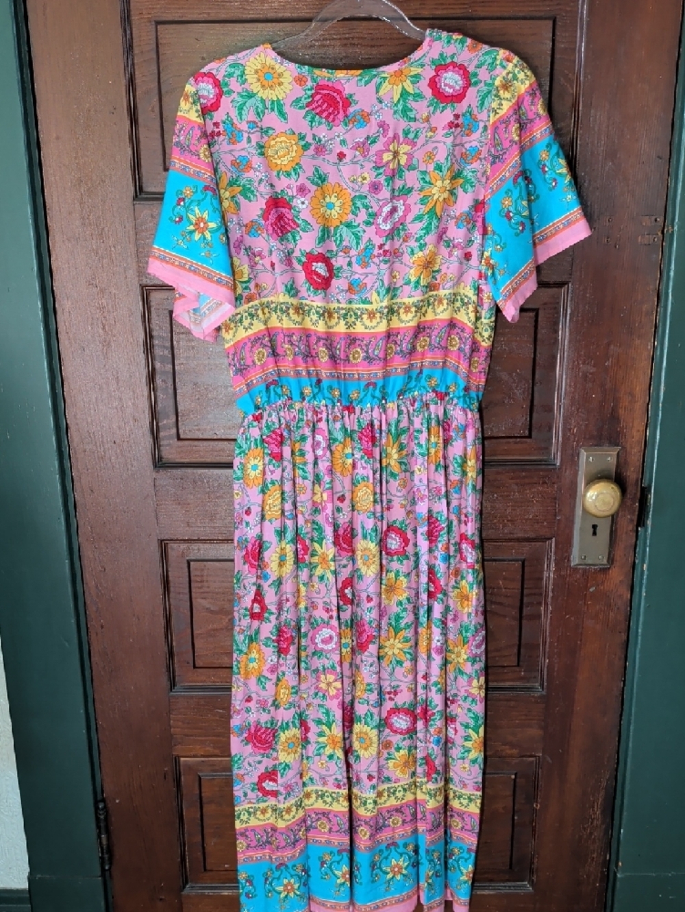Colorful Floral Boho Maxi Dress With Smocking V Neck And Tie L - Picture 4 of 9